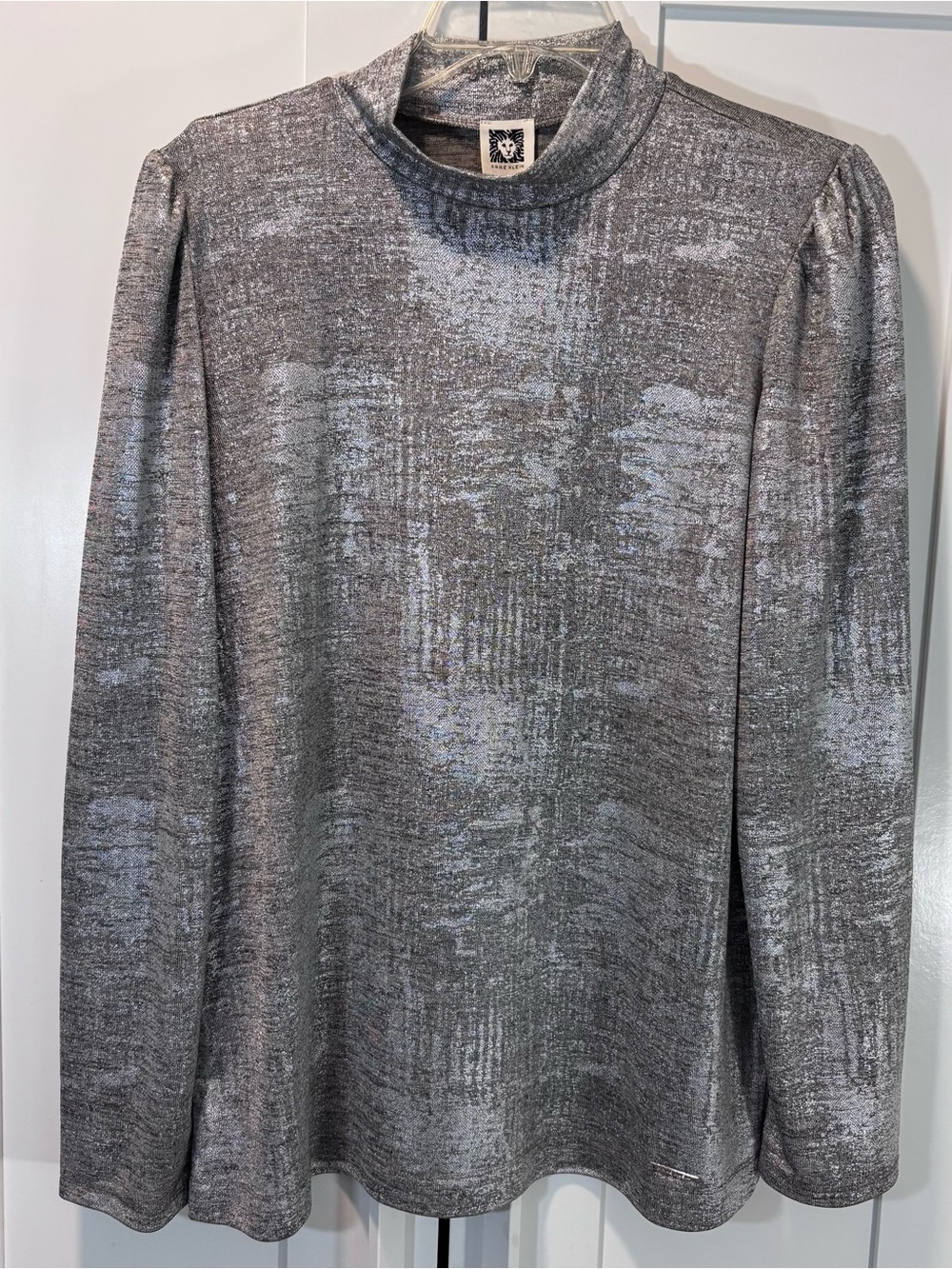 Anne Klein Metallic Silver Gray Mock Neck Top L Long Sleeve Puff Shoulder